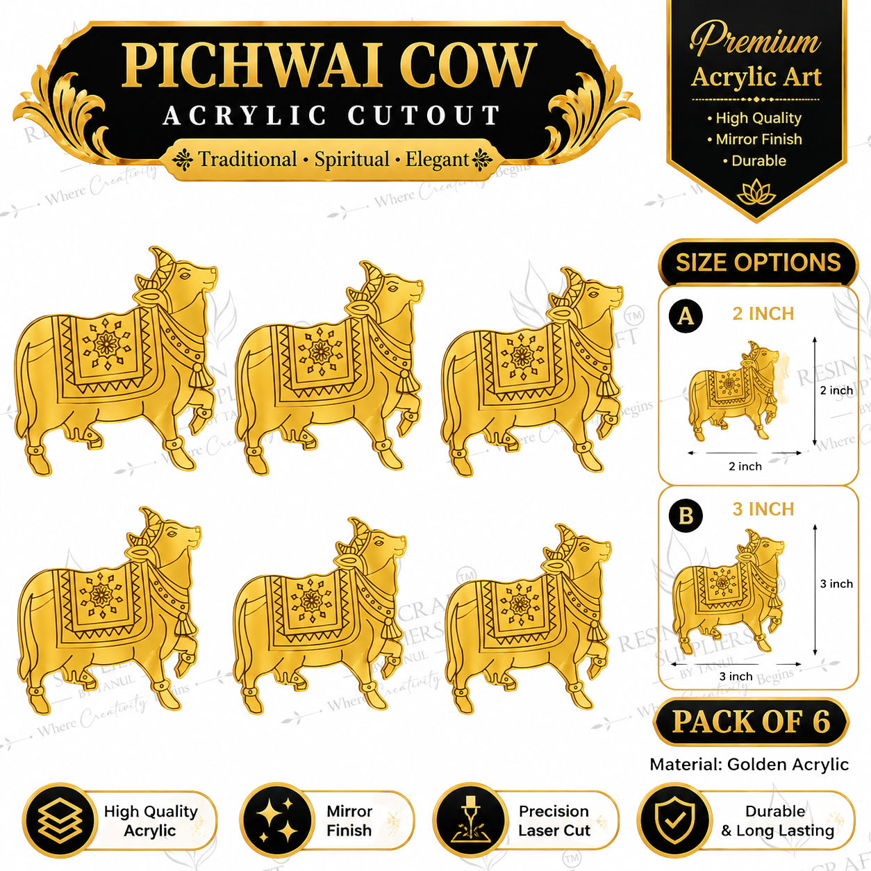 Pichwai Cow Acrylic Cutout – Traditional Cow Design | 2 & 3 Inch | Pack of 6