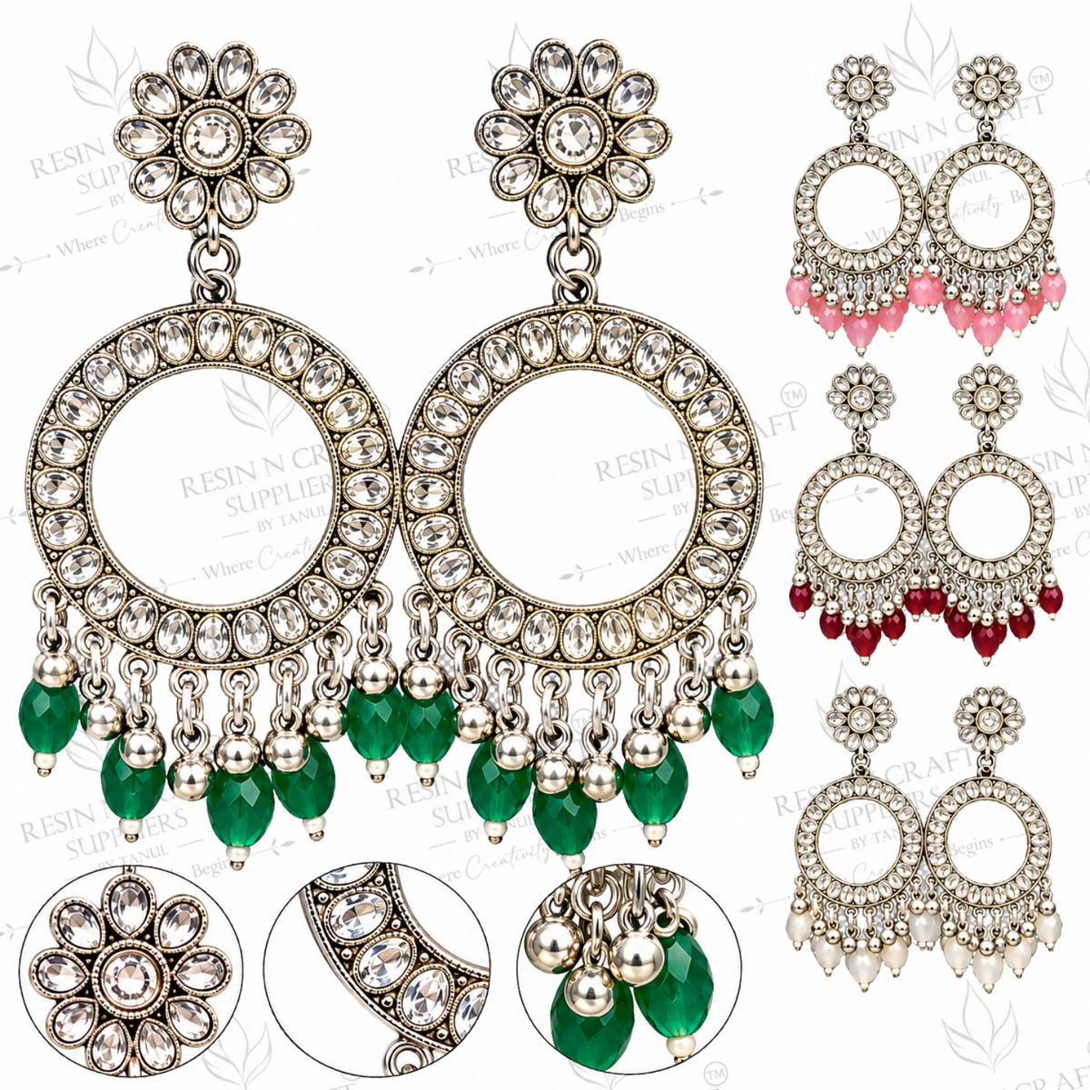 Silver Earring Bezel / Jumkha With Beads With Mirror