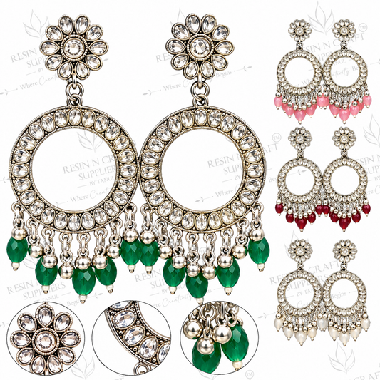 Silver Earring Bezel / Jumkha With Beads With Mirror