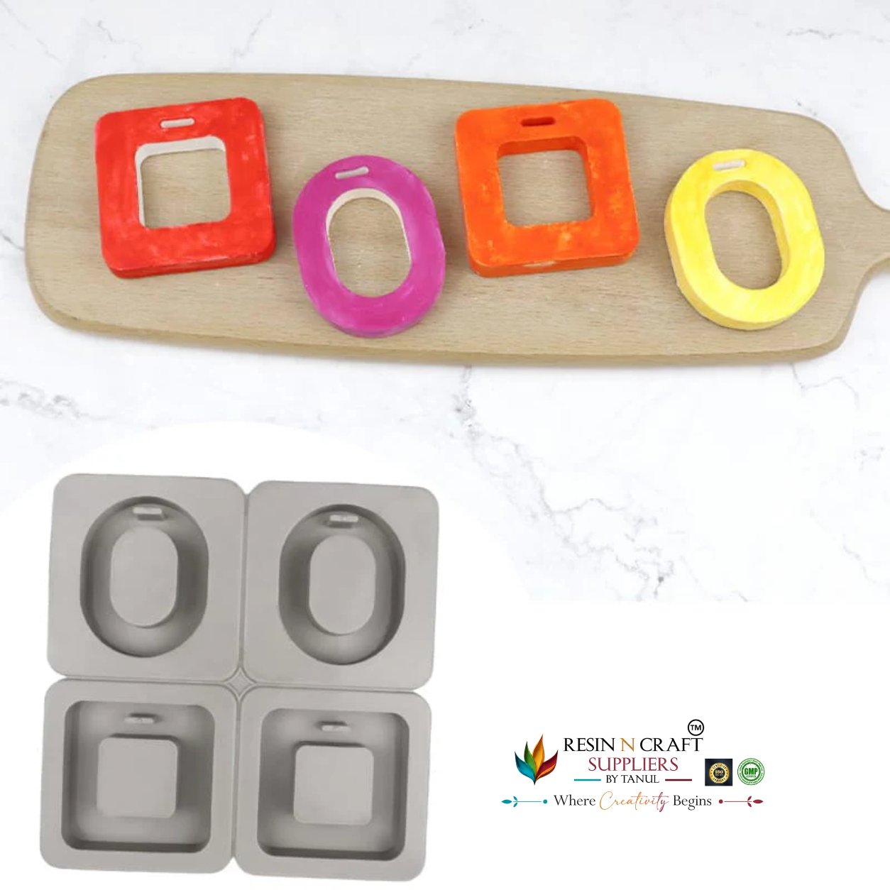Geometric Oval & Square Ring Tag 4-Cavity Hanging Hole Mould for Wax Melts, Scented Wax Sachets, DIY Concrete Art, Resin Crafts & Cake Making Silicone Mould(RSM1449M)