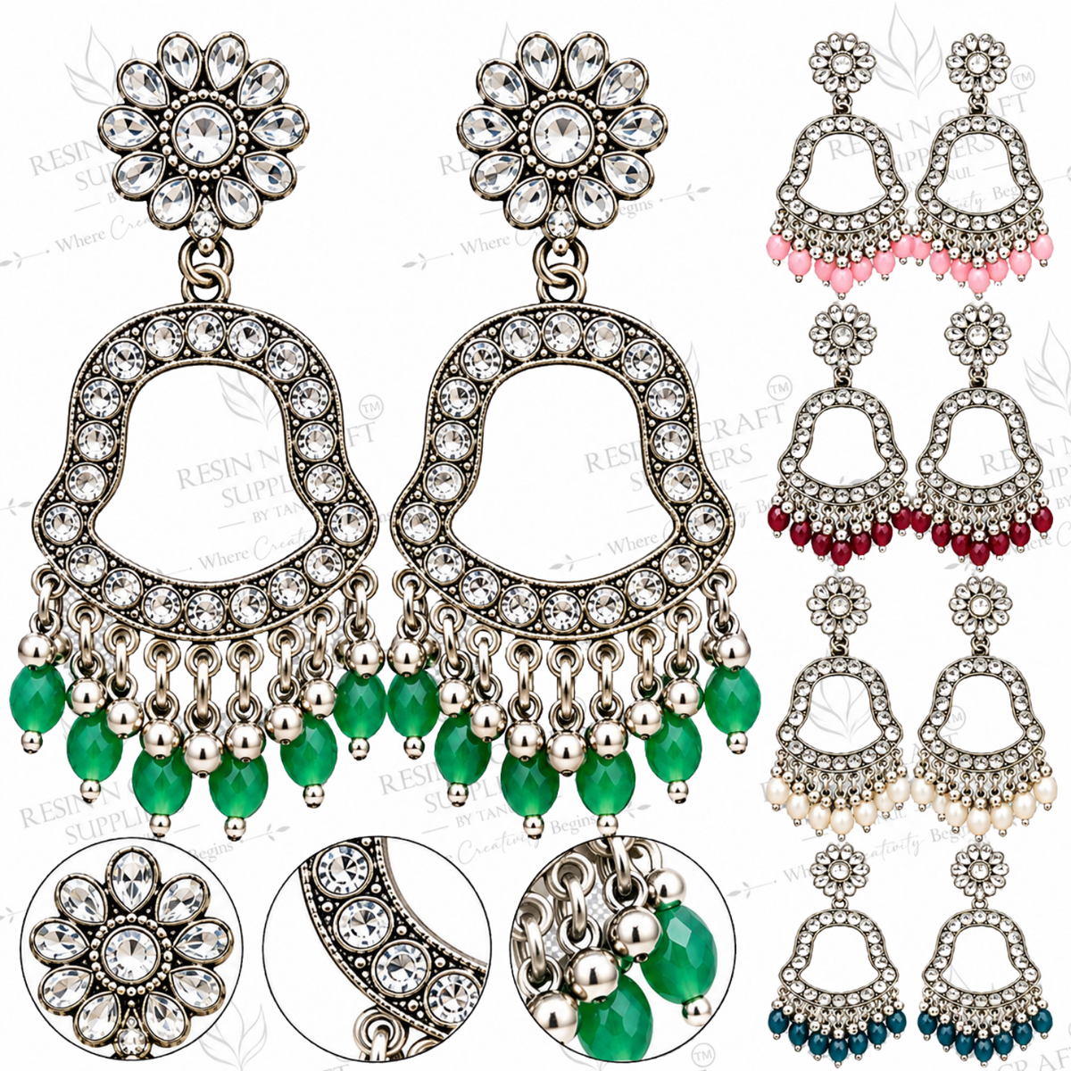 Silver Earring Bezel / Jumkha With Beads With Mirror
