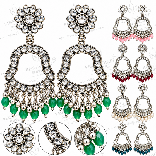 Silver Earring Bezel / Jumkha With Beads With Mirror