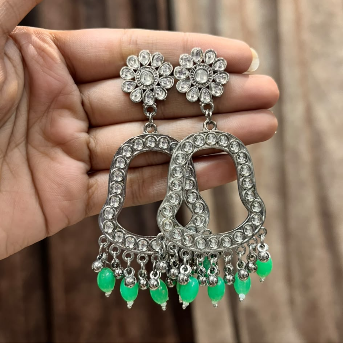 Silver Earring Bezel / Jumkha With Beads With Mirror
