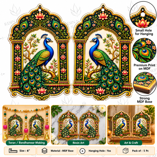 Premium Peacock MDF Pair 6×4 Inch | Peacock Wall Hanging for Toran, Resin Art & DIY Décor