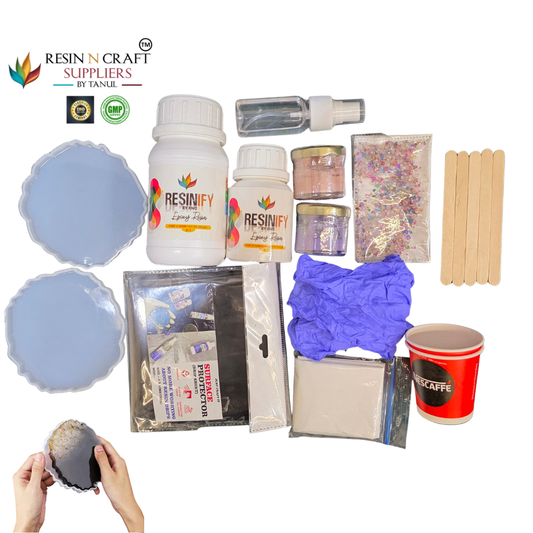 RNC DIY Resin Coaster Kit | Beginner Friendly Art Kit (2 Coasters Set Agate Round Mould)