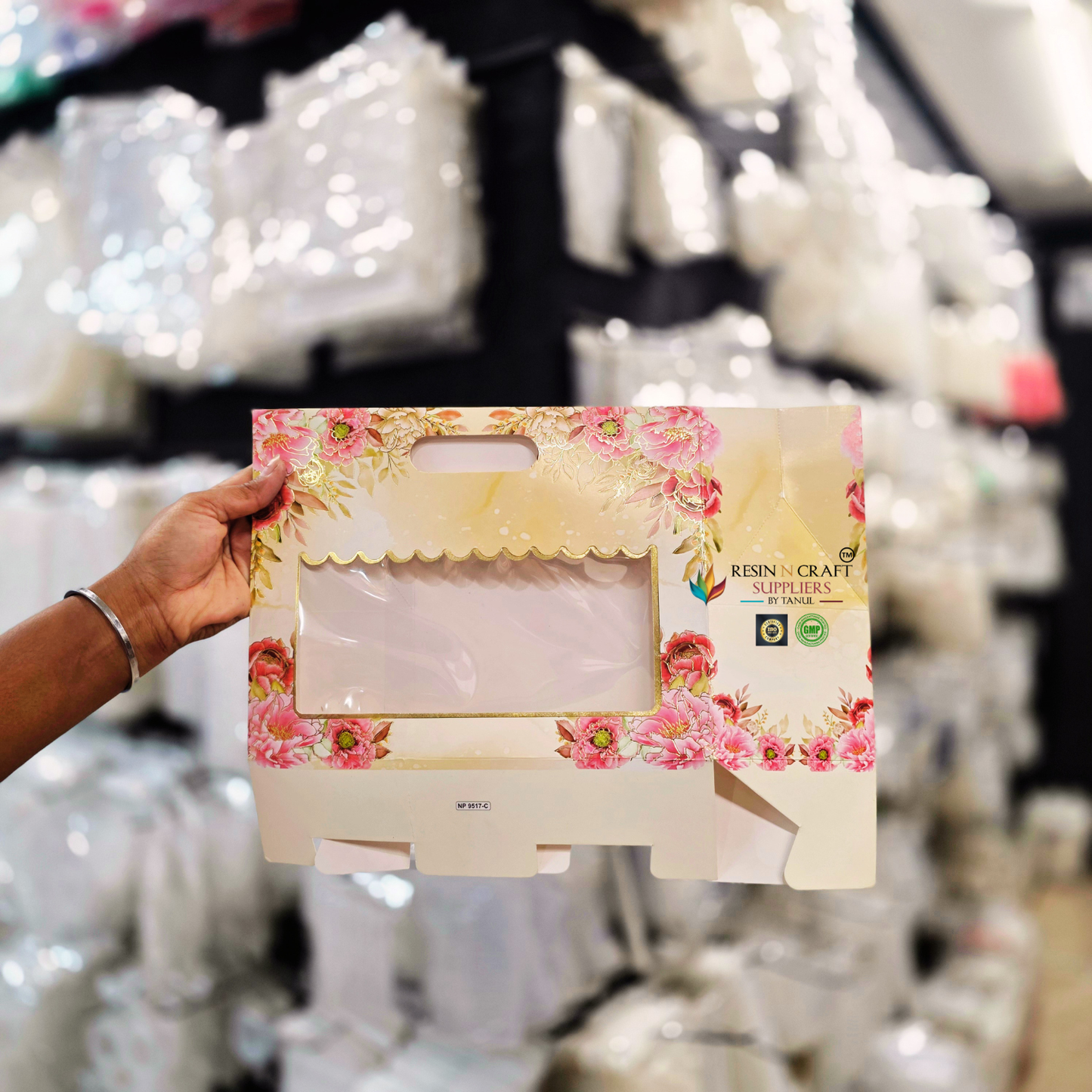Premium Floral Card Paper Bag Style Gift Hamper Box with Window & Handle (3 Jar Capacity)