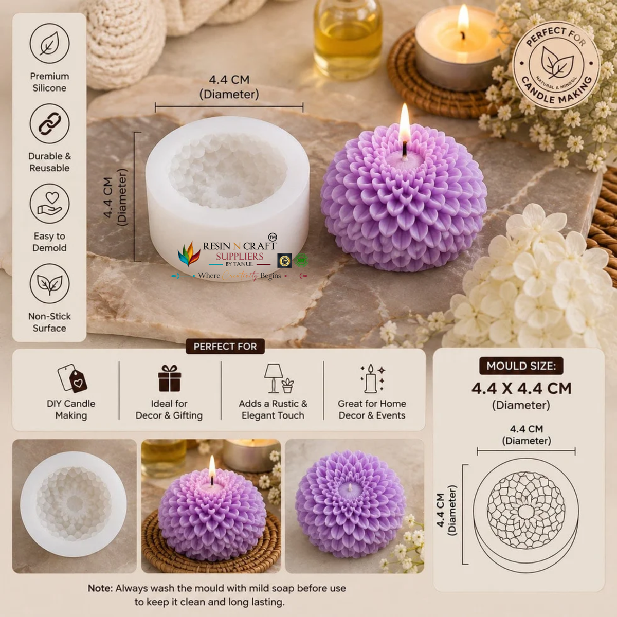 Chrysanthemum Flower Silicone Candle Mould - 3D Dahlia Shape Mould