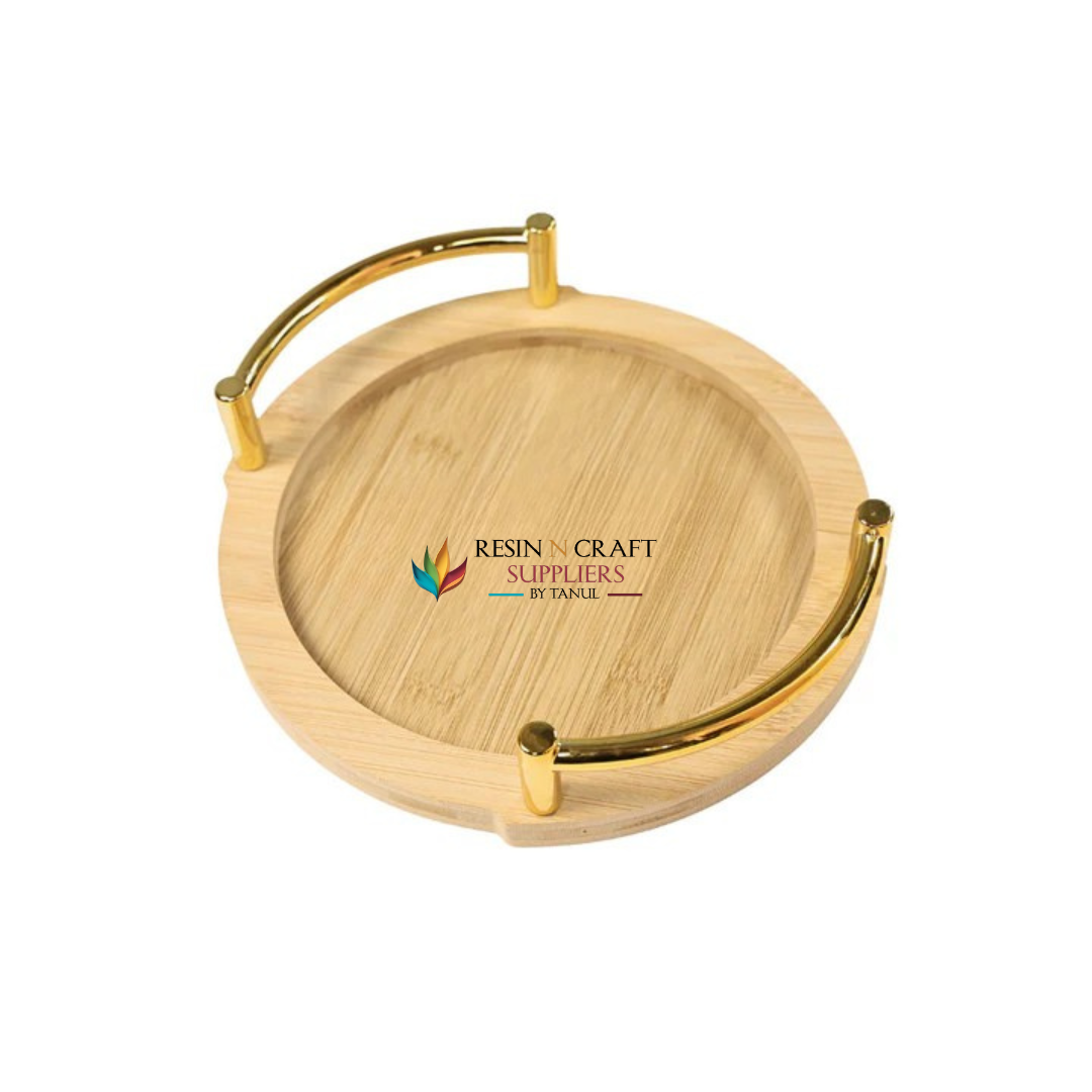 Round Wooden Tray With Golden Handles