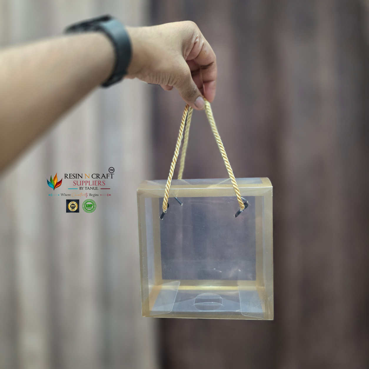Transparent Gift Bag with Gold Border & Rope Handle | Clear PVC Hamper Packaging Box – 2 Sizes