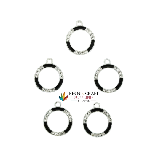5Pcs Round Shape Charm Bezels With Black Enamel. (RBZ309) (SILVER)