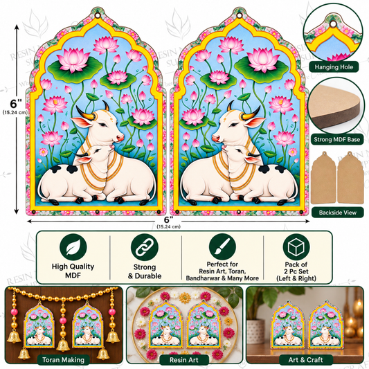 Cow & Calf MDF Cutout Pair 6×6 Inch – Pack of 2 | Gau Mata MDF Cutout Left & Right for Resin Art, Toran & Bandhanwar