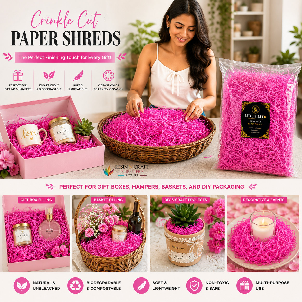 Crinkle Cut Paper Shreds For Packing – Hot Pink (40 Grams)