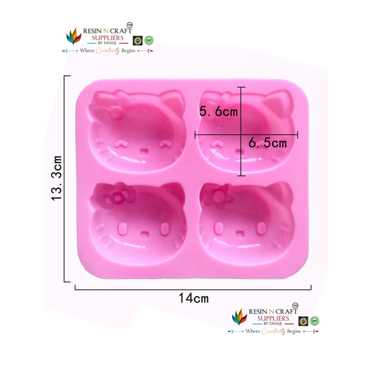 4 Cavity Hello Kitty Cartoon Cat Face Mould for DIY Concrete Art, Resin Crafts, Soap Making & Cake Making Silicone Mould (RSM1424M)