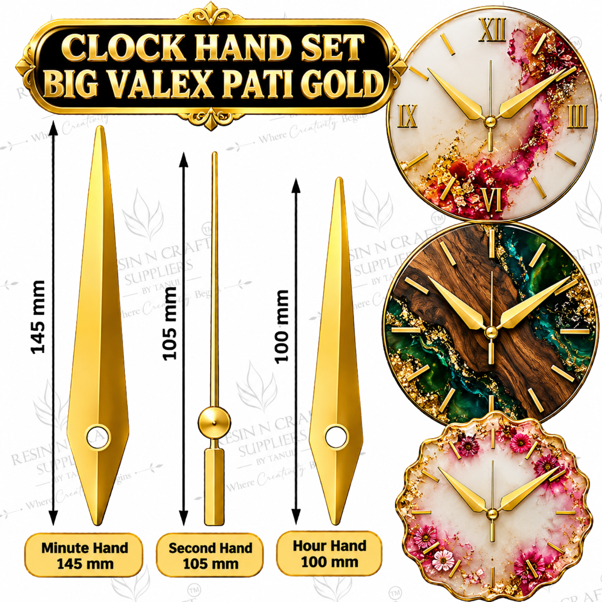 Clock Hand Set Big Valex Pati Gold | Large Decorative Gold Clock Hands for Wall Clock