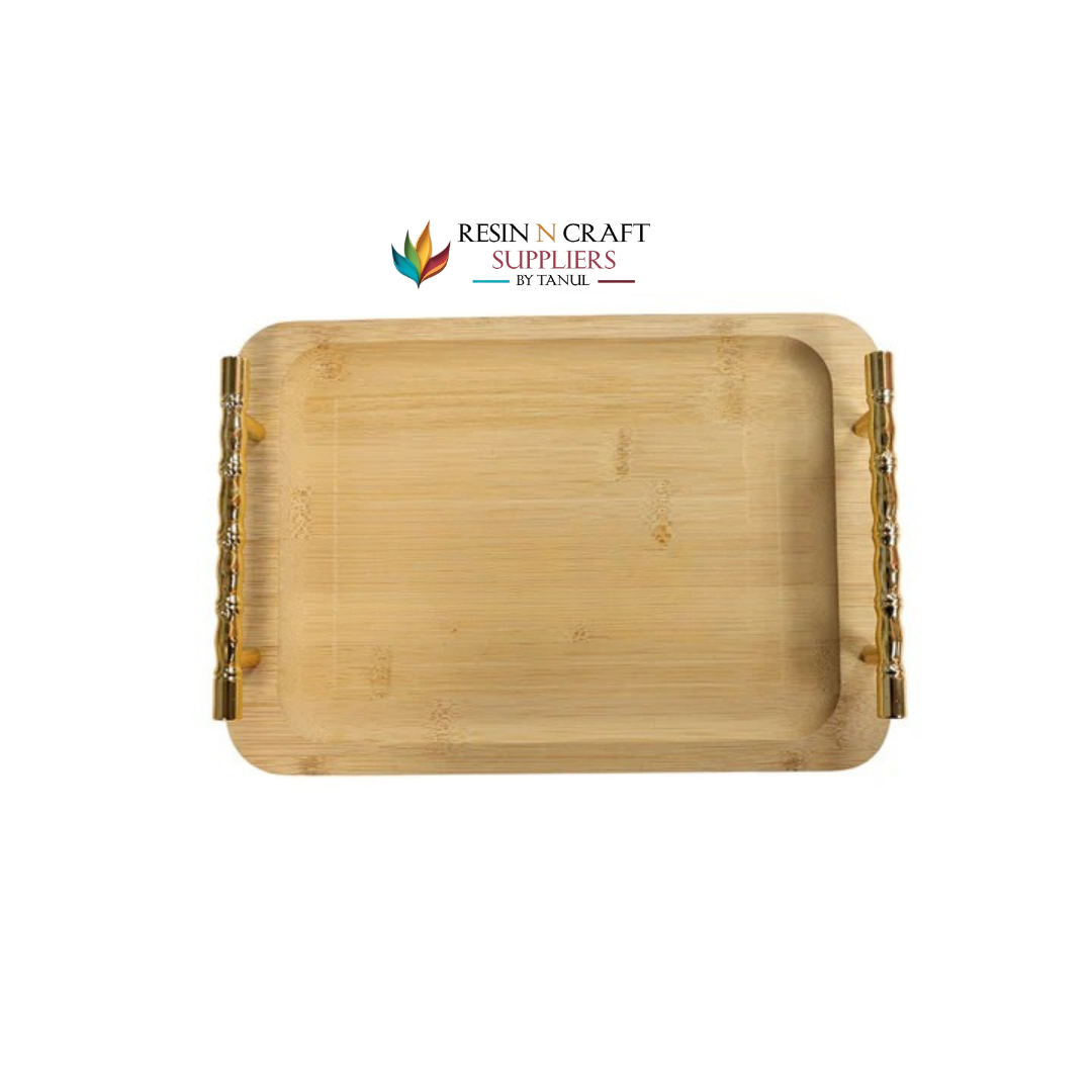 Rectangle Wooden Tray With Golden Branch Handles (Design 2)