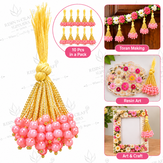 Pink Pearl Bead Latkan Gucchi Pack of 10 | Golden Latkan for Toran & Bandhanwar Making