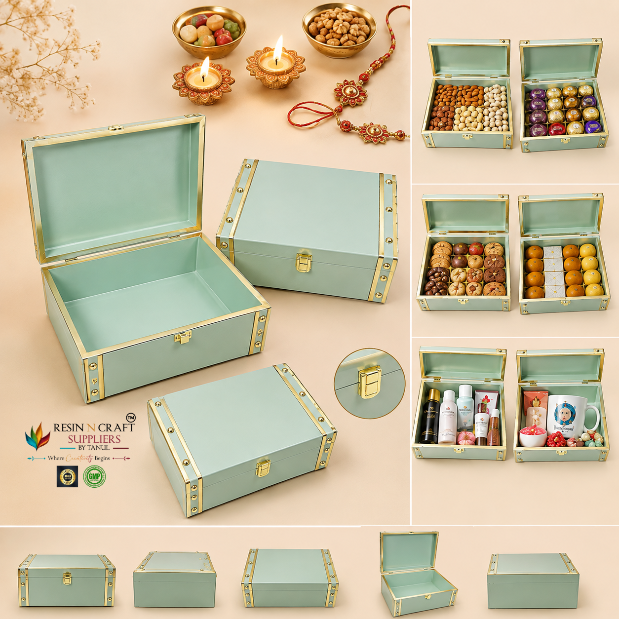 Premium Luxury Festive Hamper Box | Metal Corner Gift Box Trunk – 8 × 9.5 × 4 Inch | Mint Green