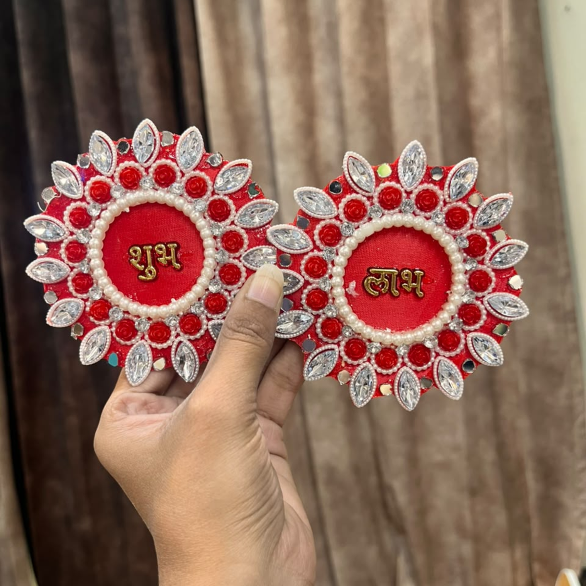 Shubh Labh Beaded Stone Patch Pair – Decorative Patch for Toran, Bandhanwar & Resin Art