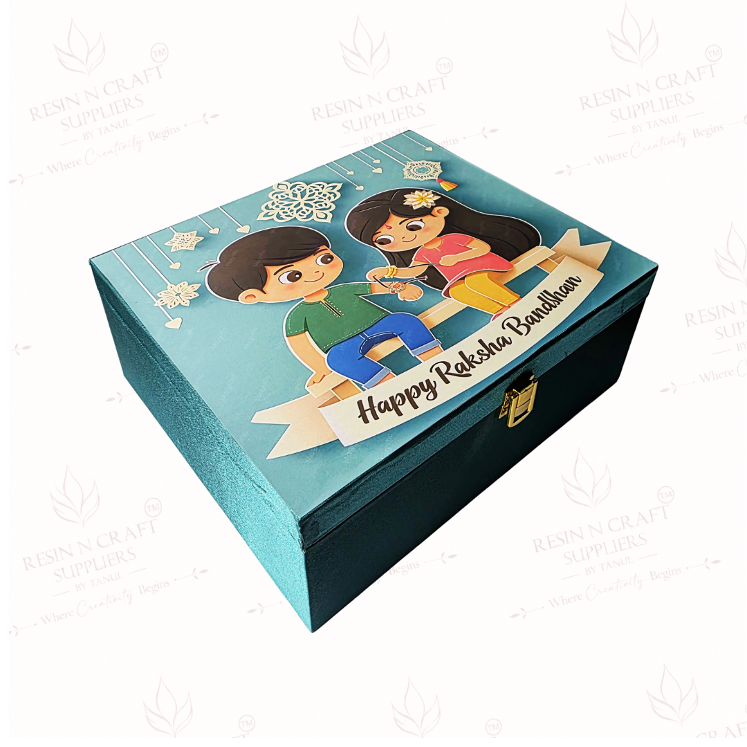 Premium Teal Rakhi Hamper Box | Brother & Sister Theme Gift Box 8 Inch × 9.5 Inch × 4 Inch (Deep)