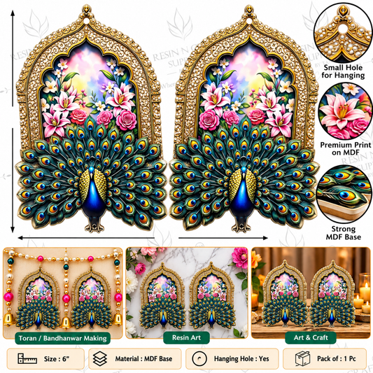 6×4 Inch Peacock MDF Cutout | Premium Printed Peacock Wall Hanging for Toran, Resin Art & DIY Décor (2 pc pack)