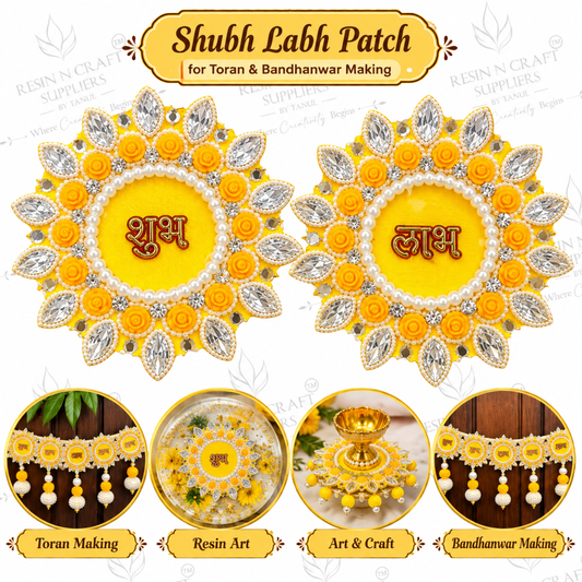 Yellow Shubh Labh Beaded Stone Patch Pair – Decorative Patch for Toran, Bandhanwar & Resin Art