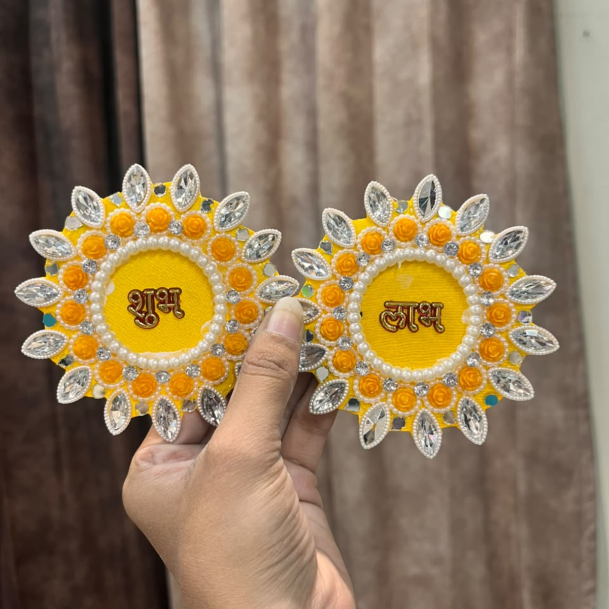 Yellow Shubh Labh Beaded Stone Patch Pair – Decorative Patch for Toran, Bandhanwar & Resin Art
