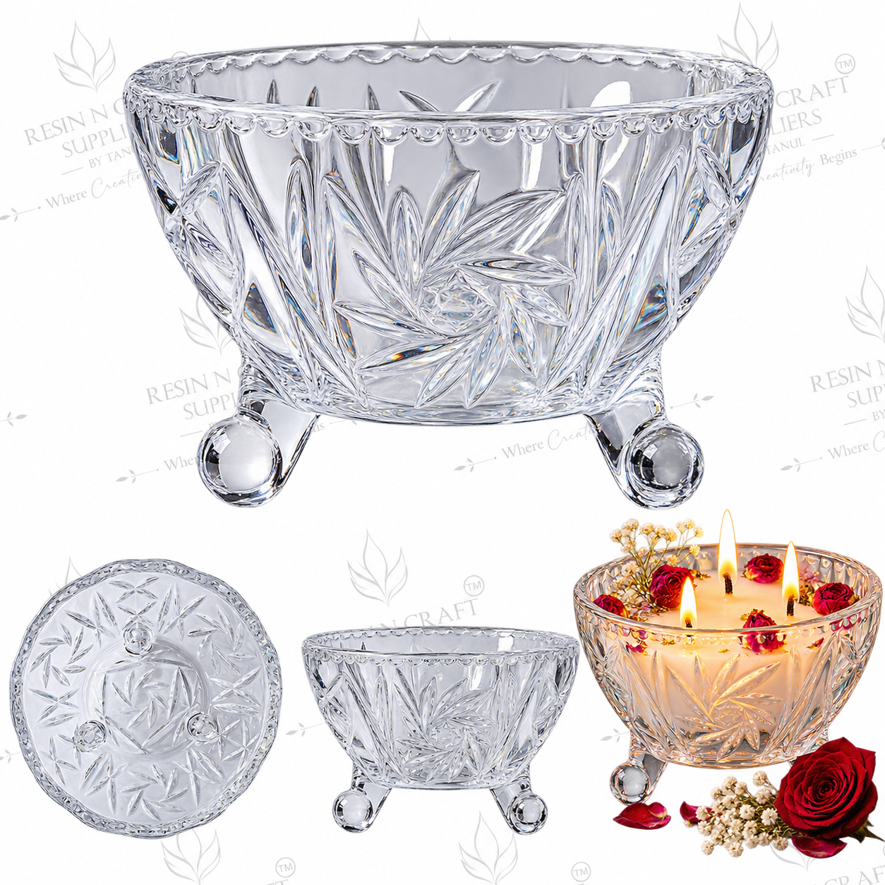 2.5 Inch Floral Footed Glass Candle Bowl | 3.4" Wide Opening for Wine & Smoothie Candles, Hampers, Resin Décor & Gifting