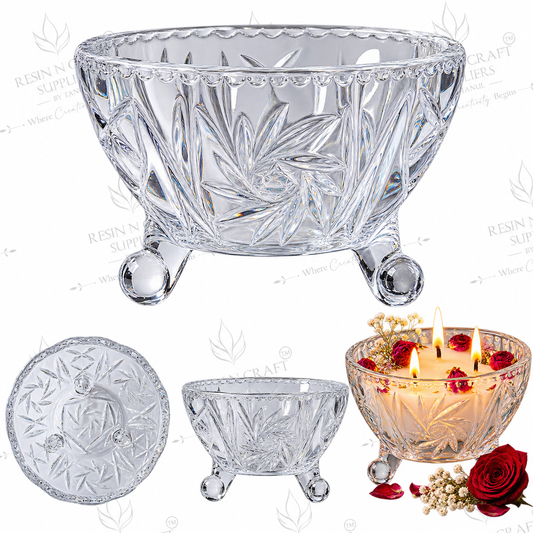 2.5 Inch Floral Footed Glass Candle Bowl | 3.4" Wide Opening for Wine & Smoothie Candles, Hampers, Resin Décor & Gifting