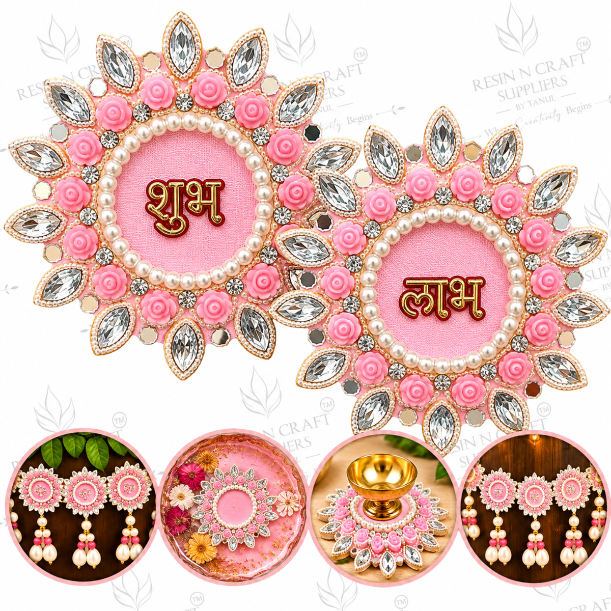 Pink Shubh Labh Beaded Stone Patch Pair – Decorative Patch for Toran, Bandhanwar & Resin Art