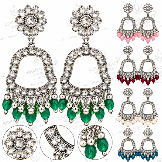 Silver Earring Bezel / Jumkha With Beads With Mirror
