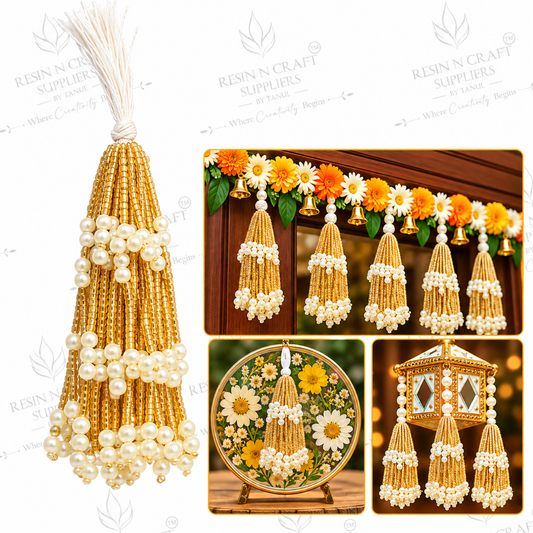 Golden Pearl Beaded Latkan for Toran & Bandhanwar Making – Pack of 10 Pieces (1 Gucchi)