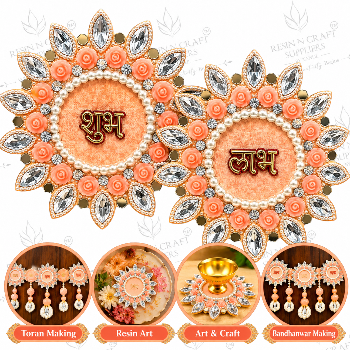 Peach Shubh Labh Beaded Stone Patch Pair – Decorative Patch for Toran, Bandhanwar & Resin Art