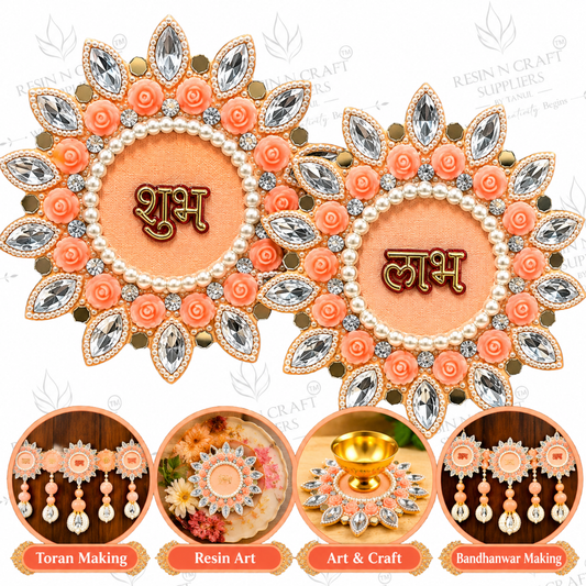 Peach Shubh Labh Beaded Stone Patch Pair – Decorative Patch for Toran, Bandhanwar & Resin Art