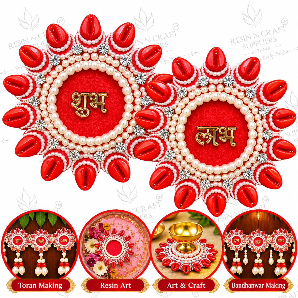 Red Shubh Labh Cowrie Shell Beaded Patch Pair – Decorative Patch for Toran, Bandhanwar & Resin Art