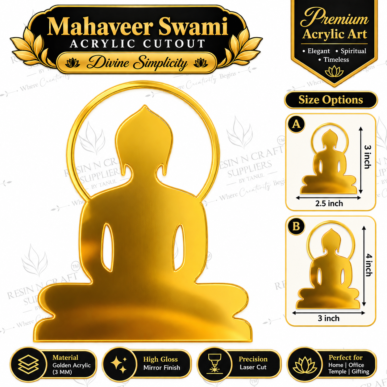 Mahaveer Swami Gold Acrylic Cutout – Divine Simplicity