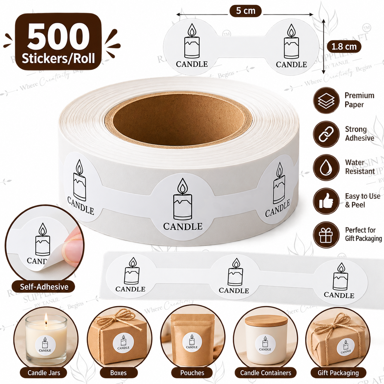 Round Candle Label Sticker Roll – Premium “CANDLE” Adhesive Labels | 500 Stickers (0013603500)