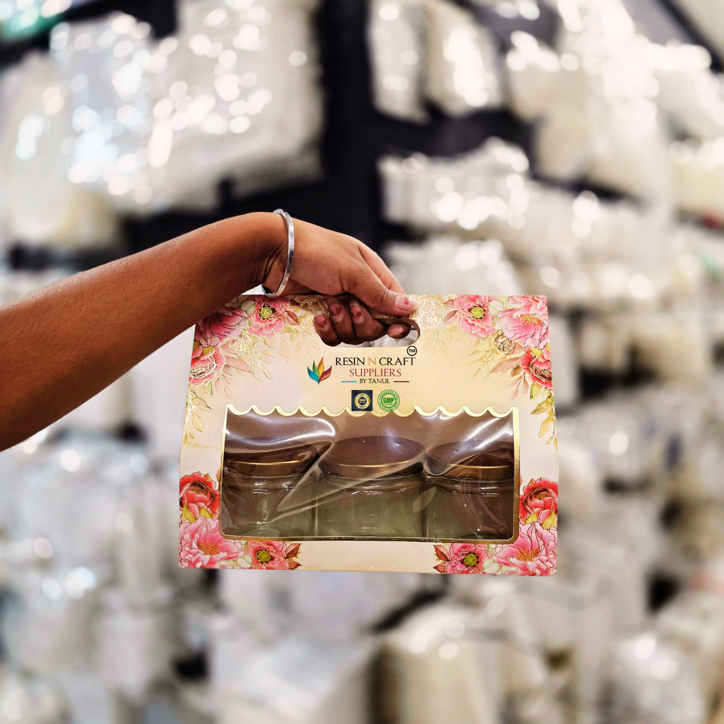 Premium Floral Card Paper Bag Style Gift Hamper Box with Window & Handle (3 Jar Capacity)