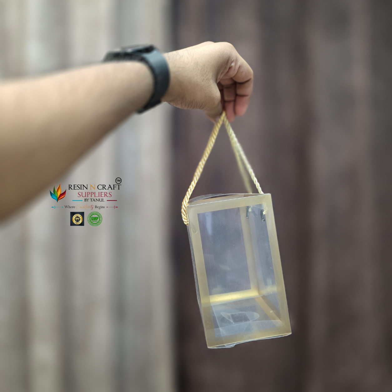 Transparent Gift Bag with Gold Border & Rope Handle | Clear PVC Hamper Packaging Box – 2 Sizes