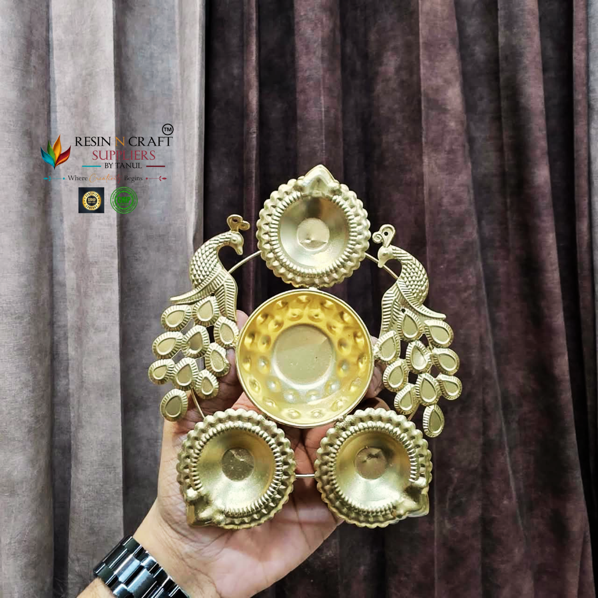 Royal Peacock Metal Urli for Candle Art & Decoration | Golden Diya Candle Holder with Anti-Slip Base