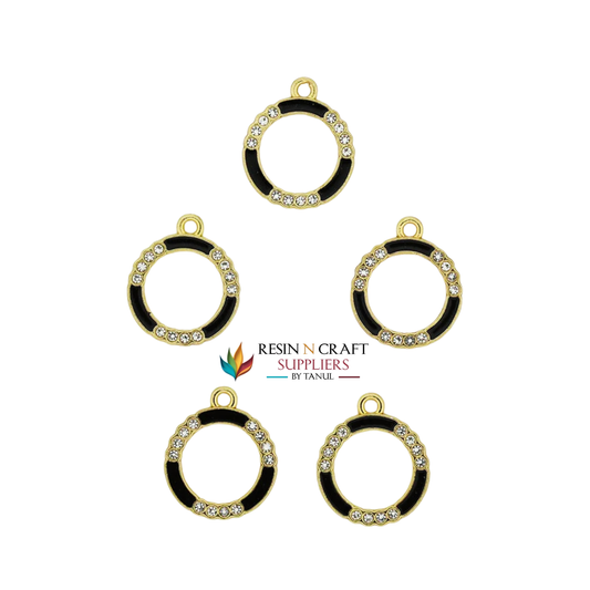 5Pcs Round Shape Charm Bezels With Black Enamel. (RBZ308) (GOLD)
