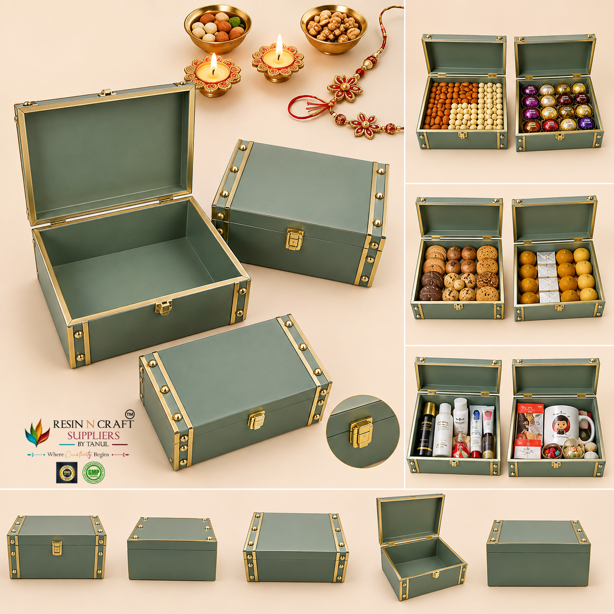 Premium Luxury Festive Hamper Box | Metal Corner Gift Box Trunk – 8 × 9.5 × 4 Inch | Olive Green