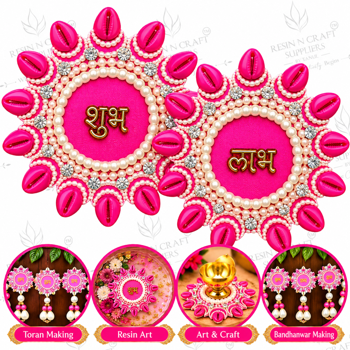 Pink Shubh Labh Beaded Stone Patch Pair – Decorative Patch for Toran, Bandhanwar & Resin Art