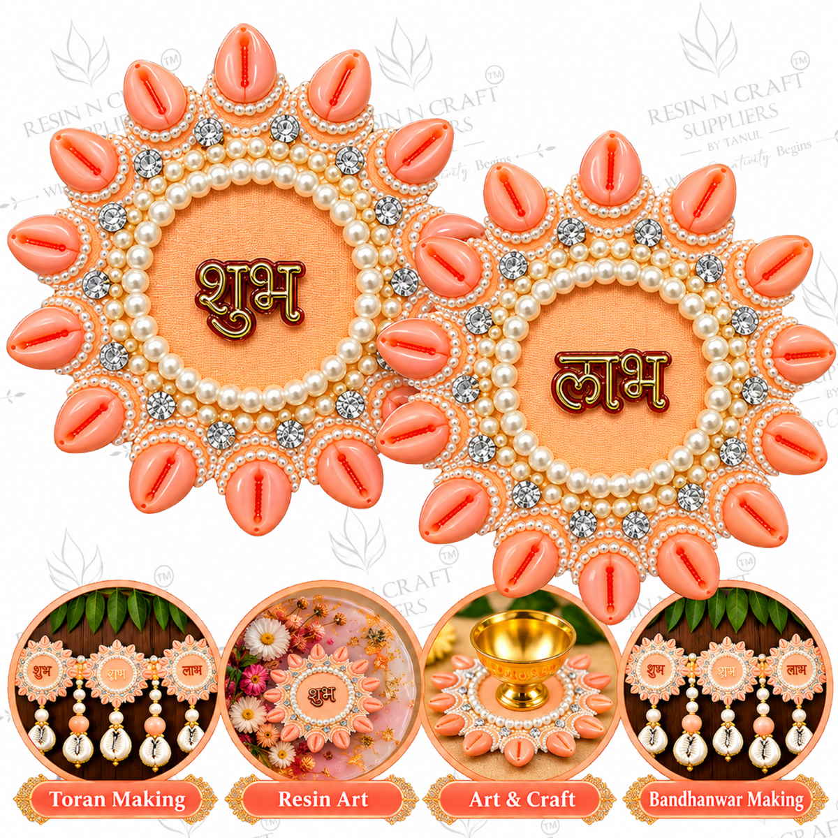 Peach Shubh Labh Decorative Patch Pair for Toran & Bandhanwar | Resin Art & DIY Craft Making