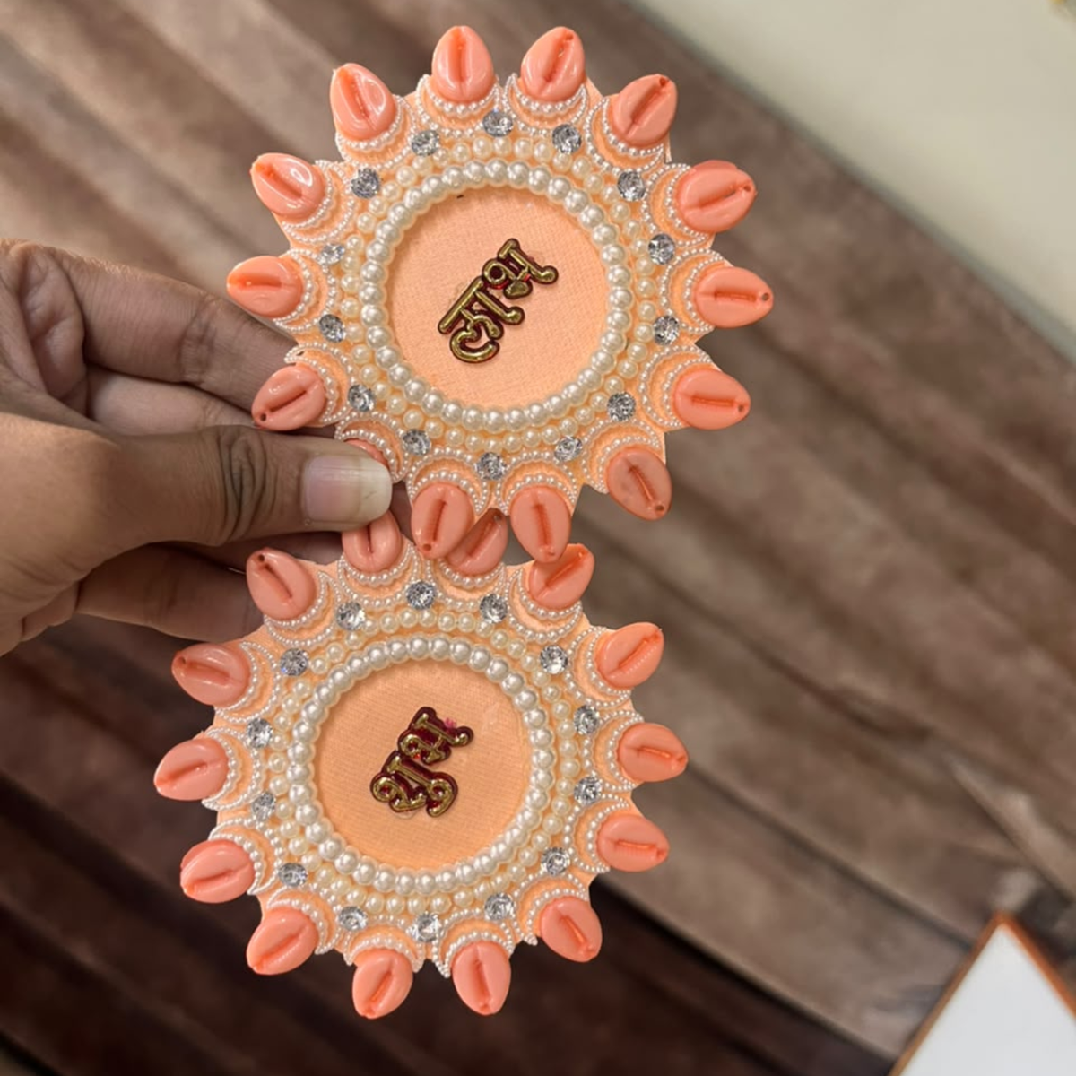 Peach Shubh Labh Decorative Patch Pair for Toran & Bandhanwar | Resin Art & DIY Craft Making