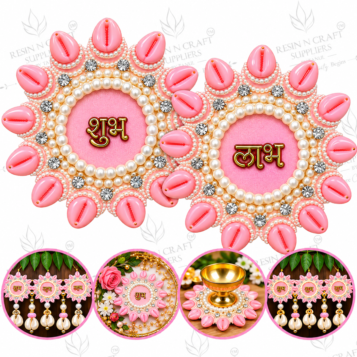 Pink Shubh Decorative Patch Pair for Toran & Bandhanwar | Resin Art & Diwali Craft