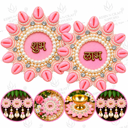 Pink Shubh Decorative Patch Pair for Toran & Bandhanwar | Resin Art & Diwali Craft