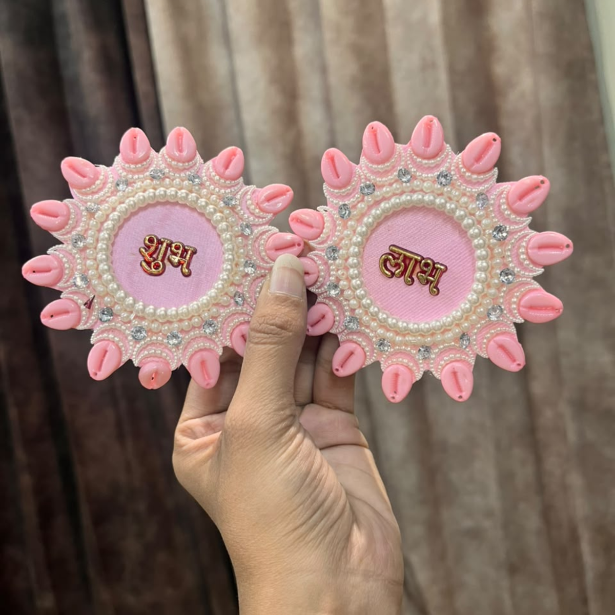 Pink Shubh Decorative Patch Pair for Toran & Bandhanwar | Resin Art & Diwali Craft