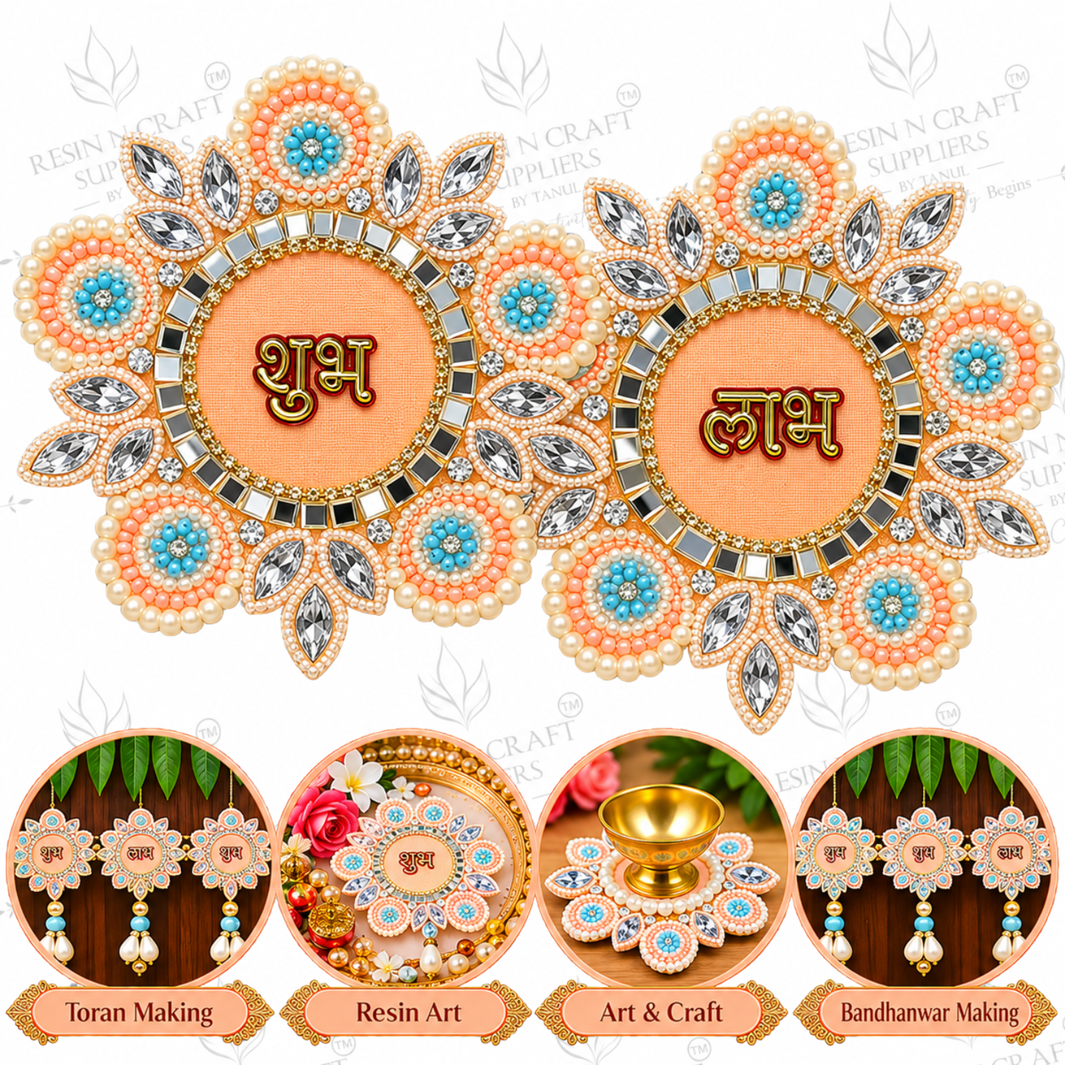 Peach & Blue Shubh Decorative Patch Pair for Toran, Bandhanwar & Resin Art