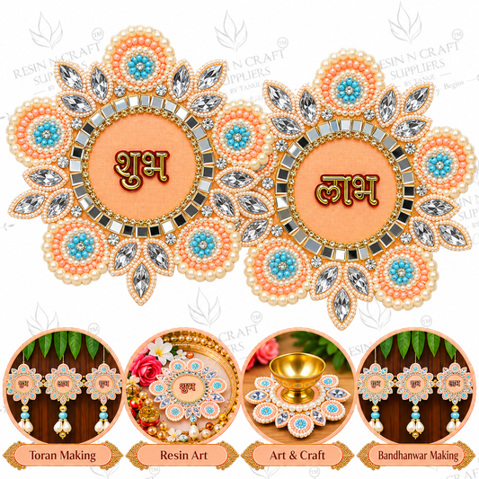 Peach & Blue Shubh Decorative Patch Pair for Toran, Bandhanwar & Resin Art
