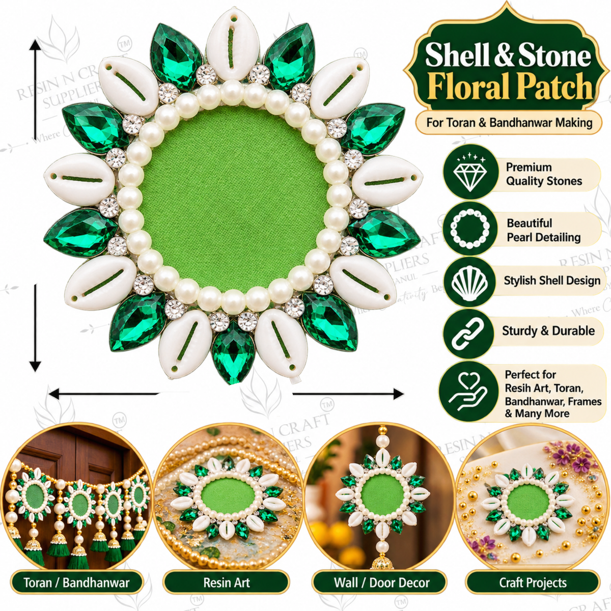 Green Shell & Stone Floral Patch – Pearl Embellishment for Toran, Bandhanwar & Resin Art